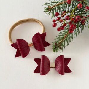 matchy-match-pentljice-lasni-dodatek-pentlja-modna-princesa-pentlja-iz-usnja-komplet-okrasni-trakec-in-spangica-bordo-rdeca